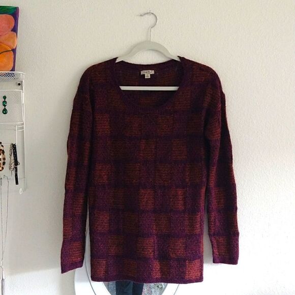 Lucky Brand Checker Knit Oversized Sweater Purple and Orange size Small - Picture 1 of 6